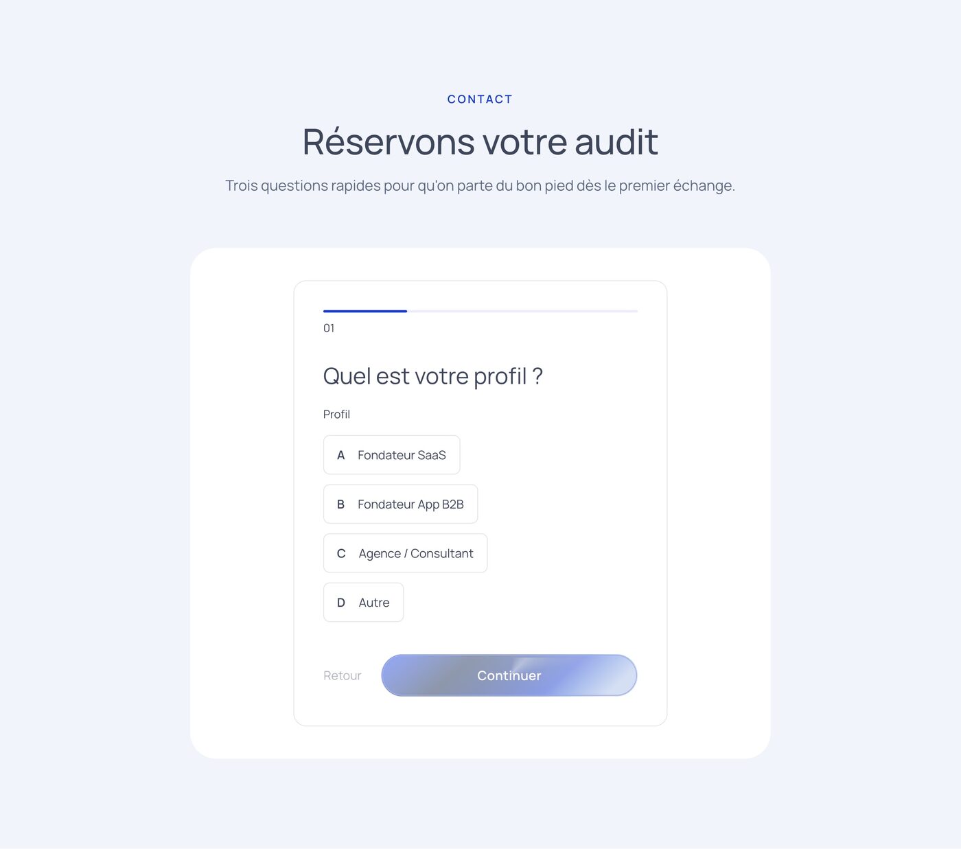 Section Réservons votre audit du site Melyo, avec le questionnaire en trois questions