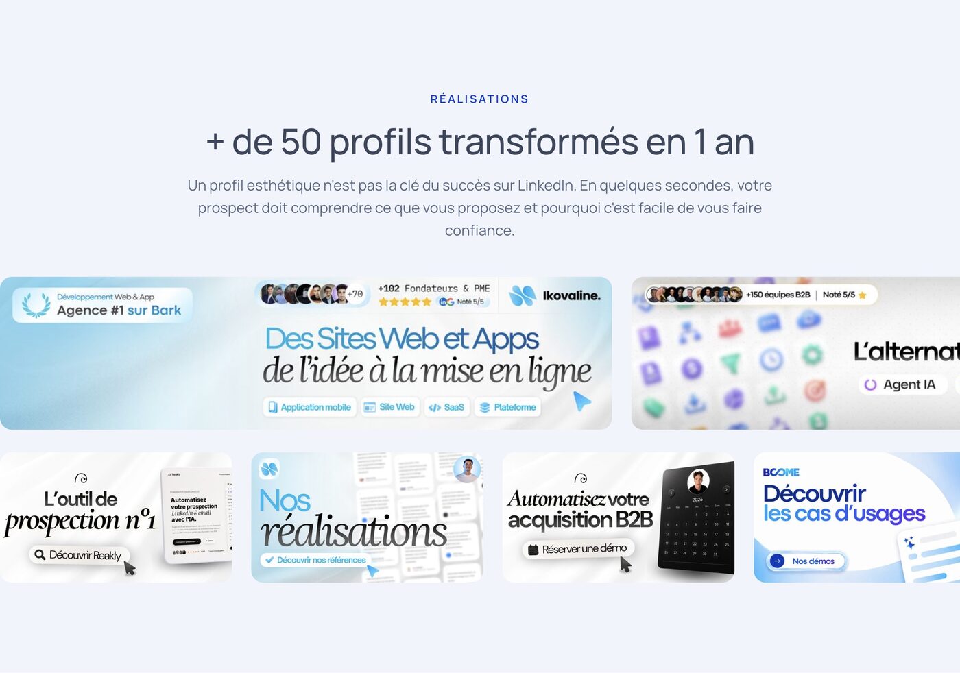 Section Réalisations du site Melyo : plus de 50 profils transformés en un an, avec le carrousel des bannières livrées
